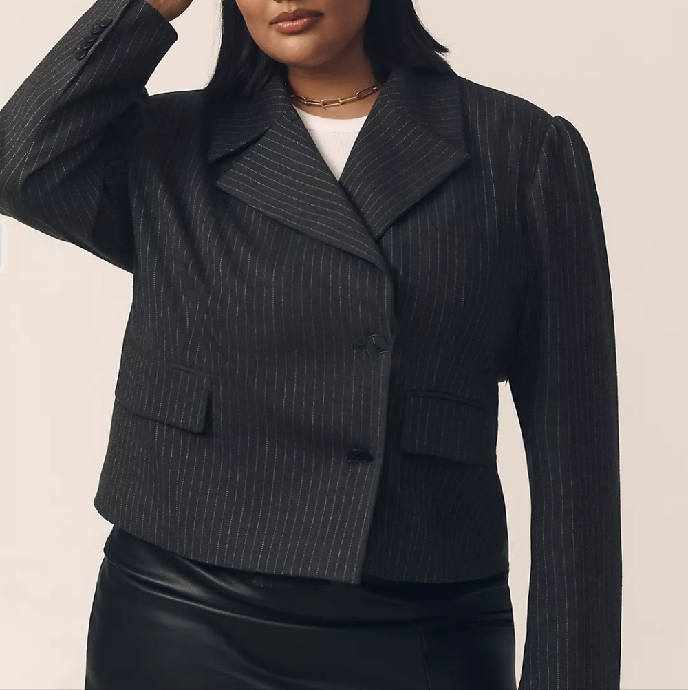 🆕️ Anthro Maeve 80s Boxy Cropped Blazer Jacket in Charcoal Pinstripe